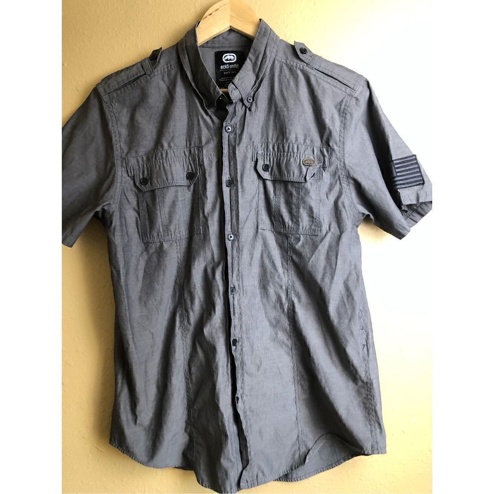 Ecko Unltd Button Shirt Short Sleeve Gray Size M